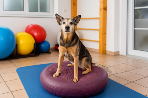 Hund trainiert auf Balancekissen im Fitnessraum