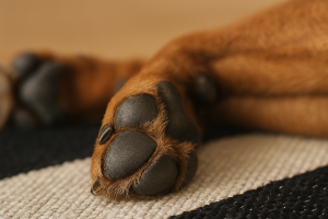 Nahaufnahme einer braunen Hundepfote auf Teppich