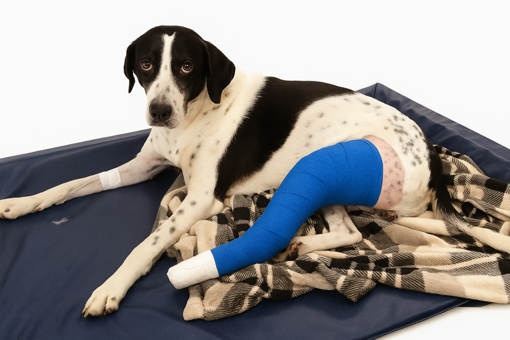 Verletzter Hund mit blauem Verband auf Decke liegend