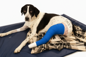 Verletzter Hund mit blauem Verband auf Decke liegend