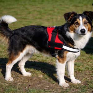 Hund mit rotem Geschirr auf einer Wiese