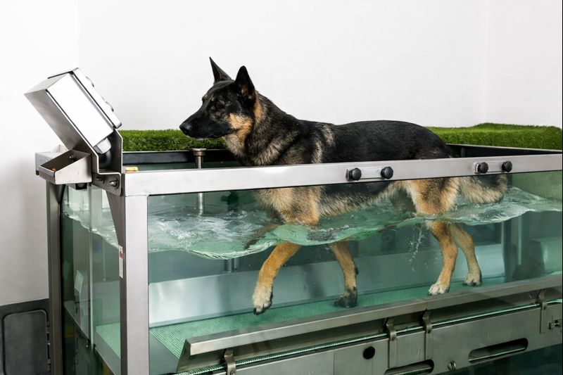 Hund läuft im Wasserlaufband zur Physiotherapie