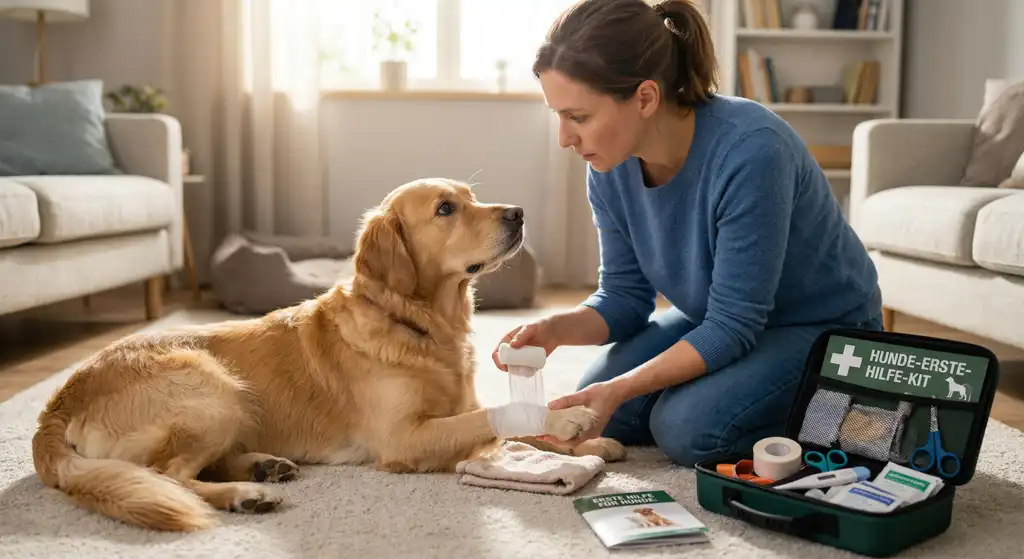 Eine Frau verbindet einem Hund die Pfote