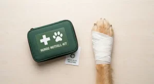 Hunde-Notfall-Set neben bandagierter Hundepfote