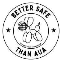 Logo von "Better safe than Aua", ein stilisierter Hund mit Maulkorb